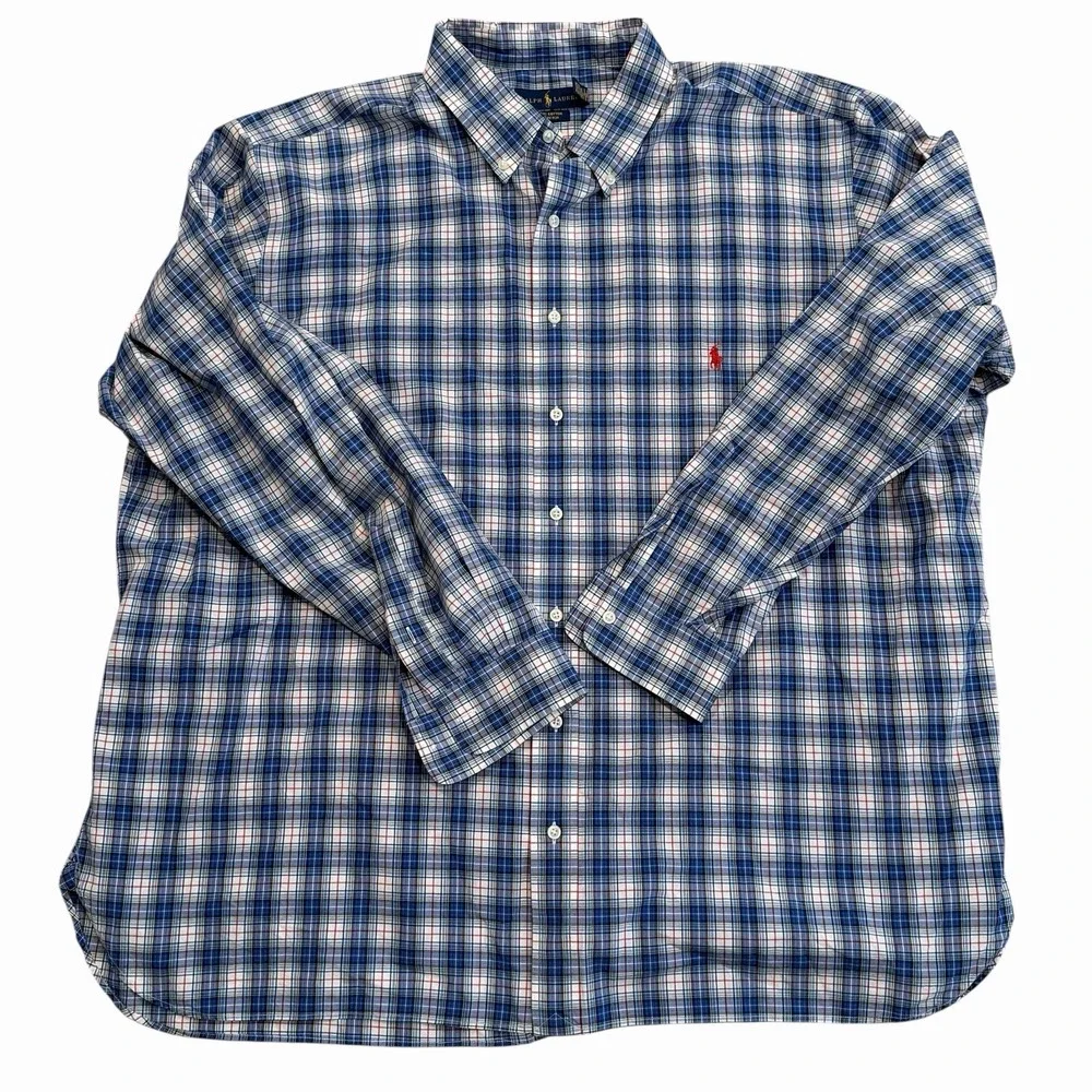 Ralph Lauren Blue Plaid‎ Long Sleeve Button Down Shirt Men Size 2XB 100% Cotton